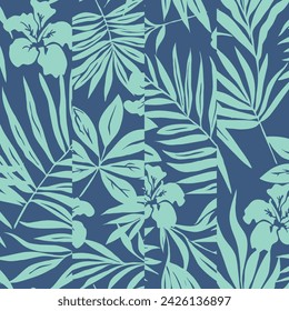 lindo patrón de hoja verde vector floral sin fisuras sobre fondo azul