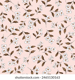 cute seamless floral vector grey small stock flowers with brown leaves pattern on pink background