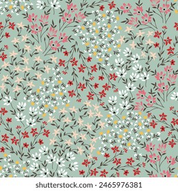 cute seamless floral vector multi color small flowers leaves pattern on green background