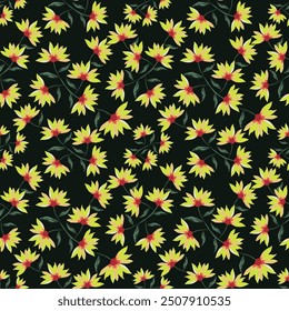 Vector floral inconsútil lindo multicolor patrón de hojas de flores Pequeñas sobre fondo verde
