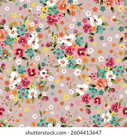 cute seamless floral vector multi color flowers leaves pattern on cream background