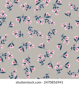 cute seamless floral vector pink small flowers with leaves pattern on cream background