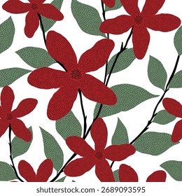 Lindo Vector floral sin fisuras rojo retro flores con patrón de hojas verdes de blanco