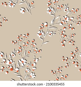 cute seamless floral vector small flowers with leaves bunches pattern on cream background