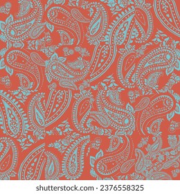 cute seamless floral vector texture blue paisley bandanna pattern on orange background