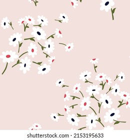 cute seamless floral vector white small flowers with green leaves bunches pattern on pink background