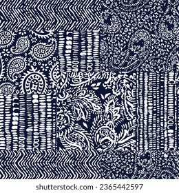 cute seamless floral vector white paisley abstract bandanna pattern on navy background