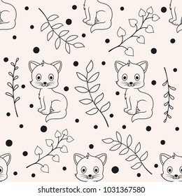 Cute seamless florals pattern with cat animals