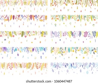 Cute seamless flower borders. Vector hand drawn huge flower and plant collection. Elegant botanical summer and spring, winter and fall floral set.