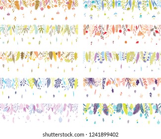 Cute seamless flower borders. Vector hand drawn huge flower and plant collection. Elegant botanical summer and spring, winter and fall floral set.