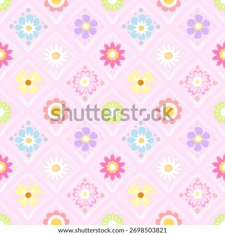 Cute Seamless Flower Pattern on Pink Diamond Quilted Background.
