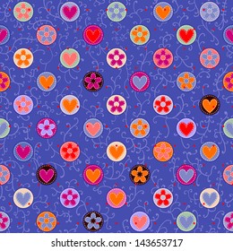 cute seamless flowers and hearts on curly background