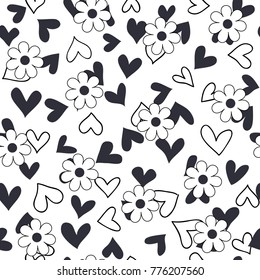 Cute seamless flowers and hearts pattern