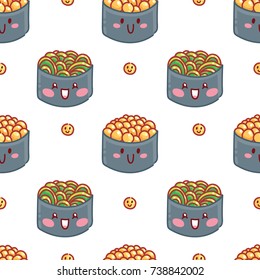 Cute seamless food pattern with characters: sushi with googly eyes, rolls, wasabi and flying fish roe. Hand drawn backdrop texture for web, print and textile in geometric cartoon style on white