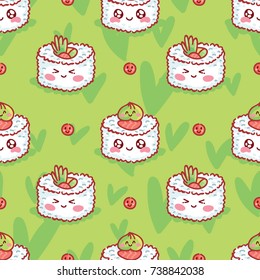 Cute seamless food pattern with characters: sushi with googly eyes, rolls, wasabi and flying fish roe. Hand drawn backdrop texture design for web, print and textile in geometric doodle style on green