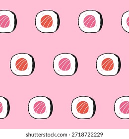 Cute seamless food pattern with sushi rolls on a pink background, traditional dish of Japan, Asia; simple hand-drawn vector illustration, drawing, flat style