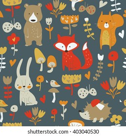 Cute seamless forest background with funny bear, fox, squirrel, hare, hedgehog, mushrooms, flowers, birds and butterflies in cartoon style