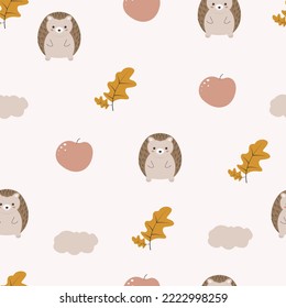 Nahtlose Waldmuster. Cartoon Igel und Apfel. Funny Kids Design. Boho Stil. Herbstausdruck.