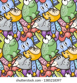 Cute seamless forest pattern with mushrooms, frogs, birds and cats. Nice for prints, design, colorings, cards, textile. Vector illustration