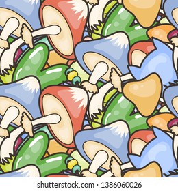 Cute seamless forest pattern with mushrooms. Nice for prints, design, colorings, cards, textile. Vector illustration