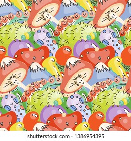 Cute seamless forest pattern with mushrooms. Nice for prints, design, colorings, cards, textile. Vector illustration