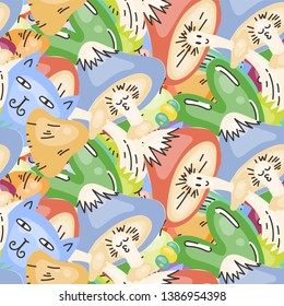 Cute seamless forest pattern with mushrooms. Nice for prints, design, colorings, cards, textile. Vector illustration