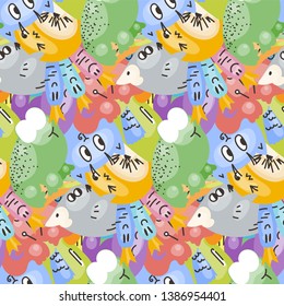 Cute seamless forest pattern with mushrooms, frogs, birds and cats. Nice for prints, design, colorings, cards, textile. Vector illustration