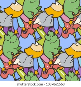 Cute seamless forest pattern with mushrooms, frogs, birds and cats. Nice for prints, design, colorings, cards, textile. Vector illustration
