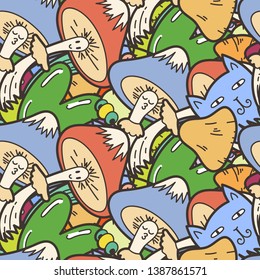 Cute seamless forest pattern with mushrooms. Nice for prints, design, colorings, cards, textile. Vector illustration