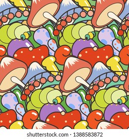 Cute seamless forest pattern with mushrooms. Nice for prints, design, colorings, cards, textile. Vector illustration