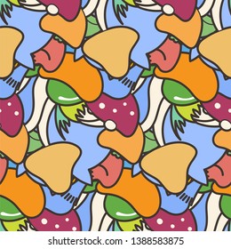 Cute seamless forest pattern with mushrooms. Nice for prints, design, colorings, cards, textile. Vector illustration