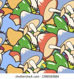 Cute seamless forest pattern with mushrooms. Nice for prints, design, colorings, cards, textile. Vector illustration