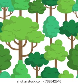 Cute seamless forest pattern. Vector backround with green trees on white