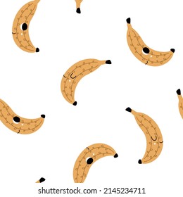 Cute seamless fruit pattern with happy bananas with faces in boho simple style for kids or baby nursery room. Vegan digital paper with funny characters. Healthy food illustration