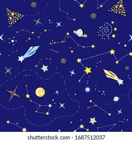 Galaxia sin fisuras estilizada con constelaciones, zodiacs, planetas, cometas sobre el fondo azul. Textura vectorial sin fin de cosmoc para impresión, diseño y decoración