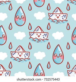 Cute seamless geometric pattern with rain drop and paper ship smiling characters. Background design, print and textile