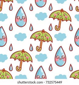 Cute seamless geometric pattern with umbrella and rain drop smiling characters. Background design, print and textile