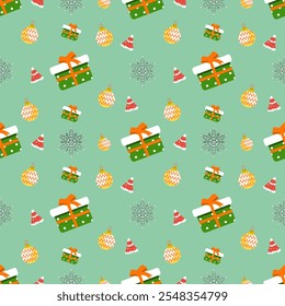 Cute seamless of gift box with golden ball and bell and Santa Claus red hat on white snowflake and starburst on pastel green wallpaper and vector background. Christmas and new year holiday concept