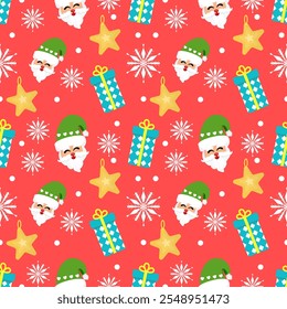 Cute seamless of gift box with golden star and Santa Claus red green on white dot with snowflake and starburst on pink or red wallpaper and vector background. Christmas and new year holiday concept