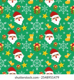 Cute seamless of gift box with yellow sock and golden star and Santa Claus red hat on white snowflake and starburst on green wallpaper and vector background. Christmas and new year holiday concept