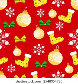 Cute seamless of golden ball with green ribbon and yellow sock pattern on white snowflake and starburst on red wallpaper and vector background. Christmas and new year holiday concept