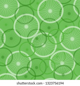 Cute seamless green pattern with abstract hand drawn lemon slice. Stylized textile print for summer. Beautiful baby graphic fabric ornament with lemon circle or bicycle wheels