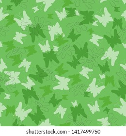 Cute seamless green pattern with abstract butterfly and flower. Stylized textile print for summer fashion print. Beautiful baby graphic fabric ornament  - Vector