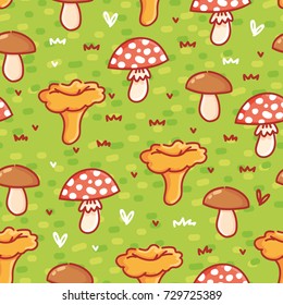 Cute seamless green pattern with mushrooms, print textile design 