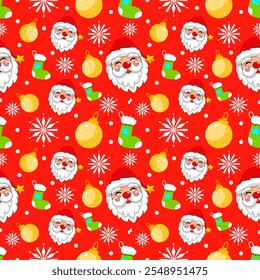 Cute seamless of green sock with golden ball and Santa Claus red hat on white snowflake and starburst on red wallpaper and vector background. Christmas and new year holiday concept