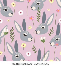 Cute seamless grey rabbit pattern with small wildflowers