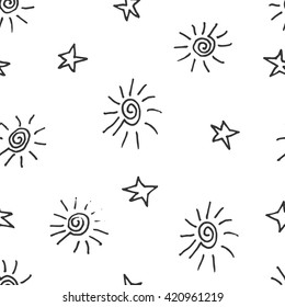 Cute seamless grunge childish pattern of the stars and suns on white background. Design element for background, textile, paper packaging, wrapping paper and other. Vector illustration.