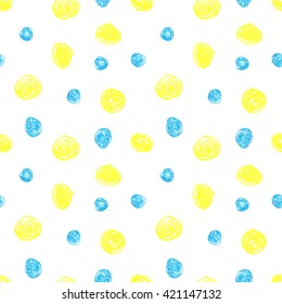 Cute seamless grunge childish pattern of the crayon yellow and blue stains on white background. Design element for background, textile, paper packaging, wrapping paper and other. Vector illustration.