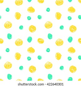 Cute seamless grunge childish pattern of the crayon yellow and blue stains on white background. Design element for background, textile, paper packaging, wrapping paper and other. Vector illustration.