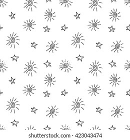 Cute seamless grunge childish pattern of the stars and suns on white background. Design element for background, textile, paper packaging, wrapping paper and other. Vector illustration.
